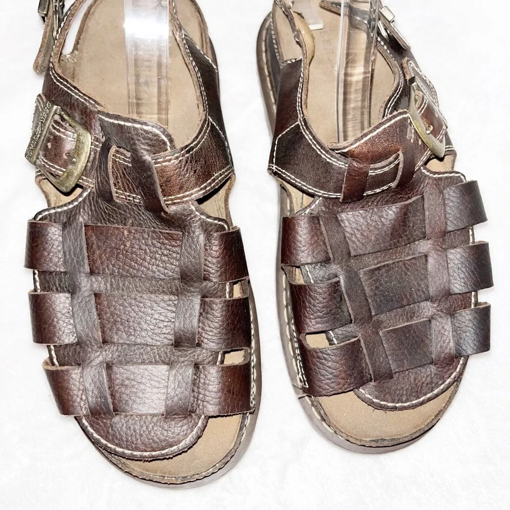 Y2K 90s Deer Stag Chunky Brown Leather Sandals Mens Size 11 Lug Rugged Fisherman